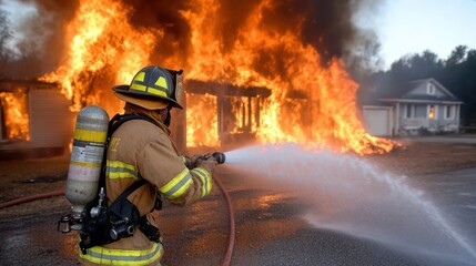 Obraz premium A firefighter battles a fierce blaze at night, silhouetted against roaring flames, symbolizing courage, resilience, and bravery amidst chaos.