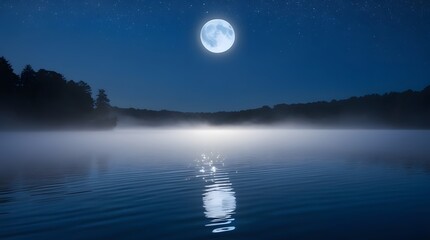 Smoky haze over calm water under a full moon at night