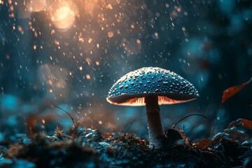 Enchanting blue mushroom with water droplets in a mystical forest at night.