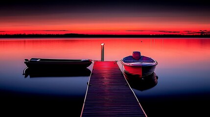 Fototapeta premium Serene sunset over calm lake with two boats moored at wooden dock.