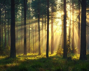 Fototapeta premium A sunny spruce forest with sunlight filtering through the trees, located in the Thuringian Forest, Thuringia, Germany, Europe.