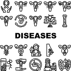 women diseases endometriosis pcos icons set vector. menopause, osteoporosis fibroids, breast cervical, ovarian, uterine infertility, pms women diseases endometriosis pcos black contour illustrations