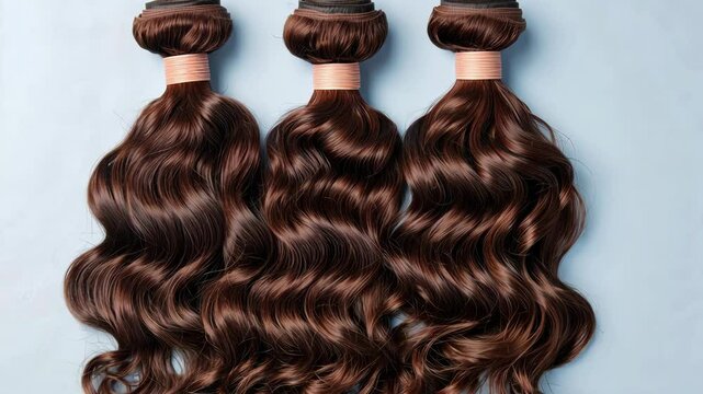 Three brown hair extensions are displayed on a blue background