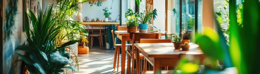 Obraz premium Vibrant Vegan Bistro with Natural Indoor Greenery and Sunlit Interiors