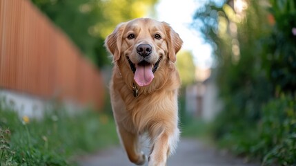 Obraz premium A joyful dog runs exuberantly down a sun-dappled path surrounded by vibrant greenery, tongue lolling happily.
