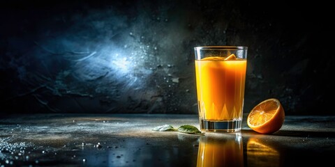 Low Light Orange Juice Photography: Dark Moody Still Life, Glass, Citrus, Drink, Refreshment