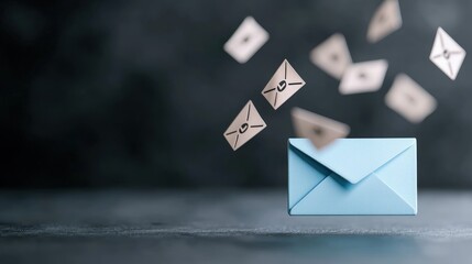 Many small envelopes falling into a large blue envelope.