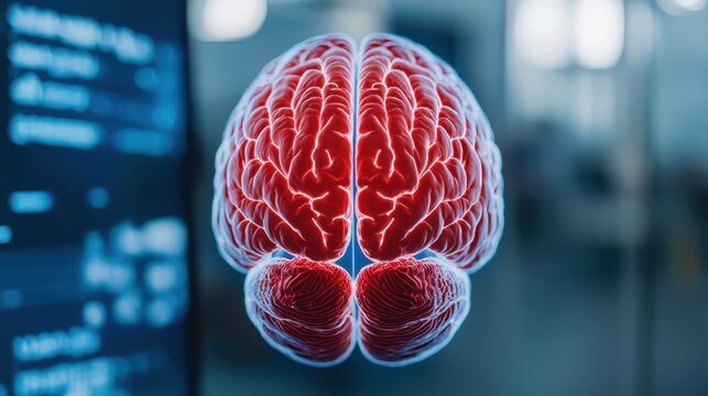 Hologram brain is shown in a very detailed and realistic way. The brain is red, and it in science room.