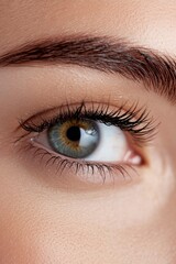 Fototapeta premium Close-up view of a woman's eye showcasing intricate details and vibrant colors, highlighting natural beauty in