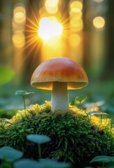 Mushroom growing in sunlight with a magical forest backdrop at dawn highlighting nature's beauty and tranquility