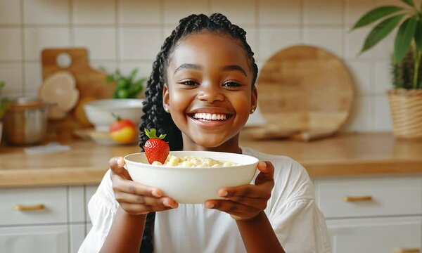 A cute girl with double braids, wearing white and smiling happily at the camera while sitting in front of her table holding a bowl of egg white soup. There is also a strawberry on top of it