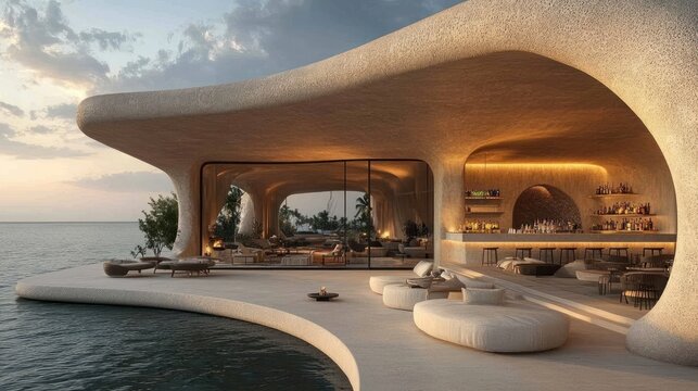 Luxurious beachfront bar with organic architecture, sunset view, and infinity pool.