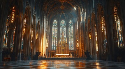 Sunlit gothic cathedral interior, altar, stained glass.