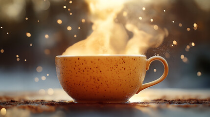 Close-up shot of a steaming cup, mocha mousse theme.