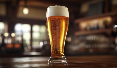 Golden beer in elegant glass sits on wooden table in cozy bar setting during evening hours with warm ambiance