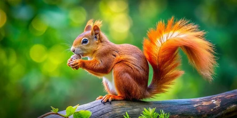 Poster de jardin Écureuil Red Squirrel on Tree Branch, Cute Rodent Eating Nut, Wildlife Photography, Forest Animal Image, Nature Scene  © prapatsorn