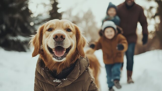 A happy golden retriever runs ahead in snowy woods, while a smiling family follows joyfully. They enjoy winter outdoors with a playful spirit and close bonds. - Powered by Adobe