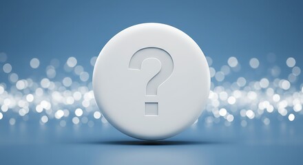 A white question mark is displayed in the center of a large, circular, white button against a blurry backdrop of white lights on a blue background