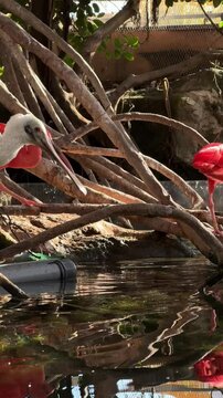 Scarlet ibises and long-billed white Platalea birds at the zoo walk in the water and search for food. Vertical video