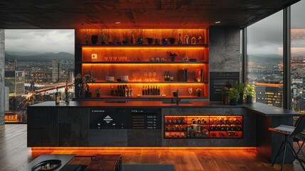 Obraz premium A modern kitchen with ambient lighting and a city view, showcasing elegance and functionality.