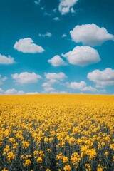 Fototapeta premium Vibrant yellow flower field under a bright blue sky dotted with fluffy clouds during a sunny day in spring