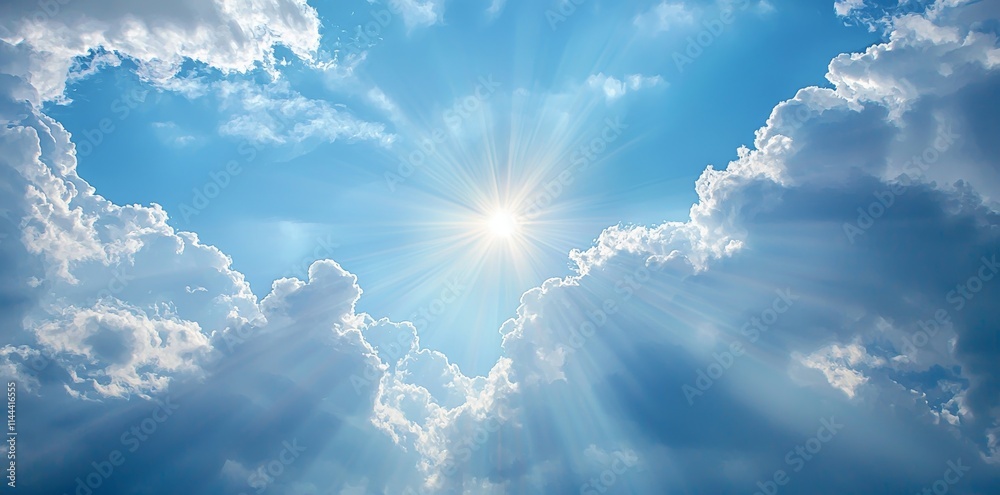 Wall mural a bright scene with fluffy clouds and a radiant sun crafting a...