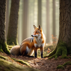 Fototapeta premium Tiere im Wald - Fuchs mit prächtigem Fell im Sonnenlicht