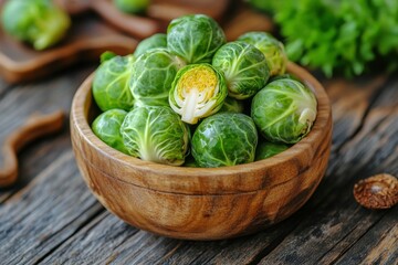 Fototapeta premium Fresh brussels sprouts in a wooden bowl on a rustic cutting board with herbs in the background at a kitchen