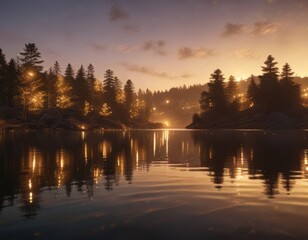Obraz premium Elegant gold bokeh lights dancing on a serene lake at dusk, serene, nature, peaceful
