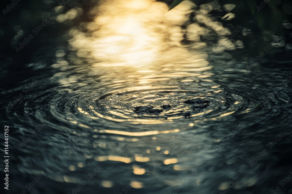 Poster close-up of concentric ripples on dark water surface with golden sunlight reflection.