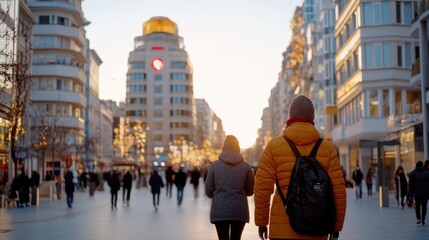 Obraz premium City street bustling with people under warm evening light, surrounded by modern buildings, capturing urban vibrancy and community hustle.