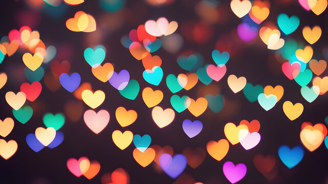  Love symbol heart shpaes in  colorful bokeh lights, concept for Valentine's Day, wedding etc. AI generated image