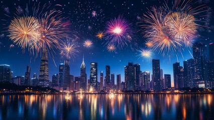 Fototapeta premium New Year 2025 success concept with colourful fireworks exploding over a modern city skyline,reflection on water emphasizing progress and growth, sleek and vibrant, high resolution, perfect lighting