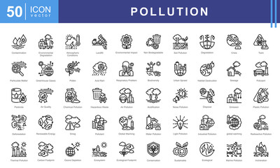 Pollution icon set with air, water, soil, noise, plastic, industrial, chemical, radioactive, thermal and light.