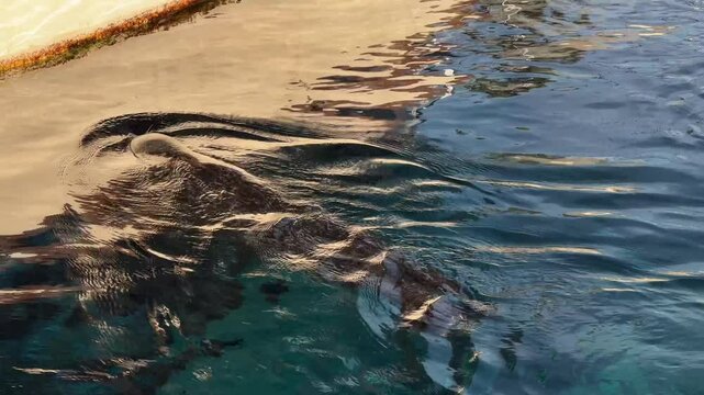 Seal Swimming Gracefully in Clear Water. A serene view of a marine seal swimming effortlessly in clear, calm waters, showcasing its natural aquatic movements.