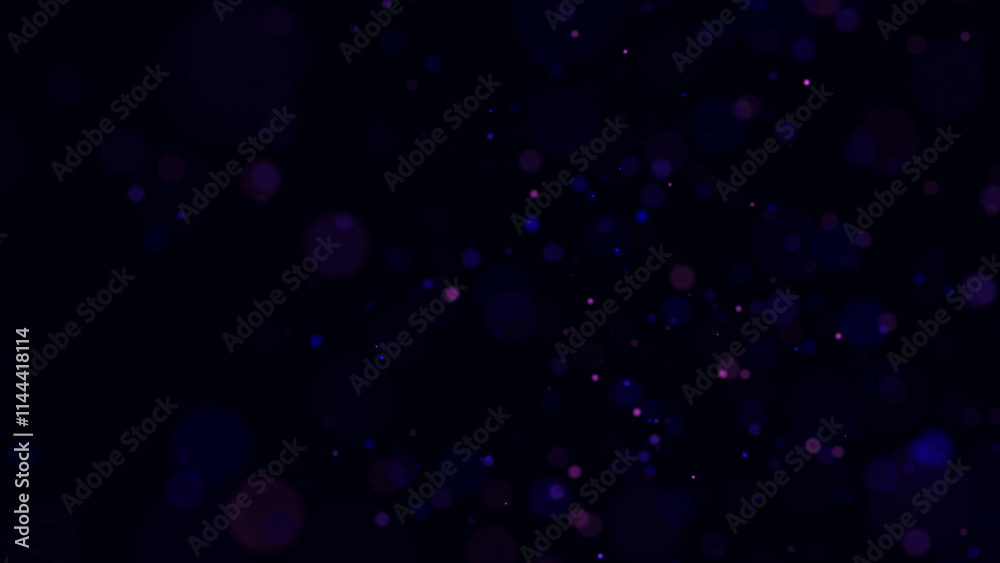 Poster Abstract dust particles with blue light on dark background. Science backdrop with moving glittering dots. Flying particles with effect bokeh. 3d rendering.