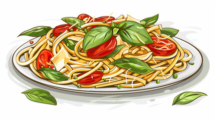 Delicious and mouth-watering homemade Italian pasta dish with fresh vegetables, herbs, and parmesan cheese.