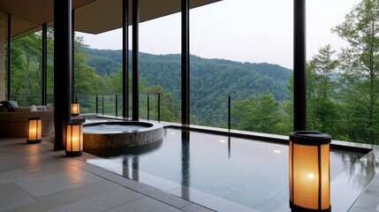 Mountain hot tub at dusk with glowing lanterns, designed for intimate relaxation amidst natural beauty and peaceful solitude.
