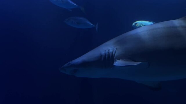Underwater shot of a humpback shark swimming in the ocean among other fish. Natural environment, close-up