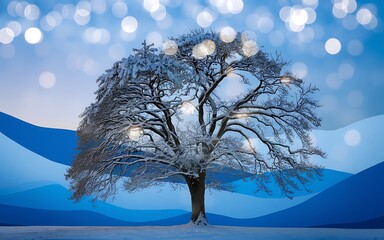 Winter landscape with snow, Winter scene featuring a snow-covered tree with bare branches on the left side against a gradient blue and white background. Soft bokeh lights enhance the serene atmosphere