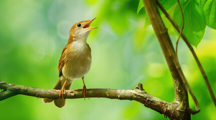 Singing nightingale against green background