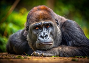 Naklejka premium Sad Gorilla Ground, Gorilla Depression, Ape Sorrow, Wildlife Photography, Animal Emotion, Primate Grief, Endangered Species, Conservation
