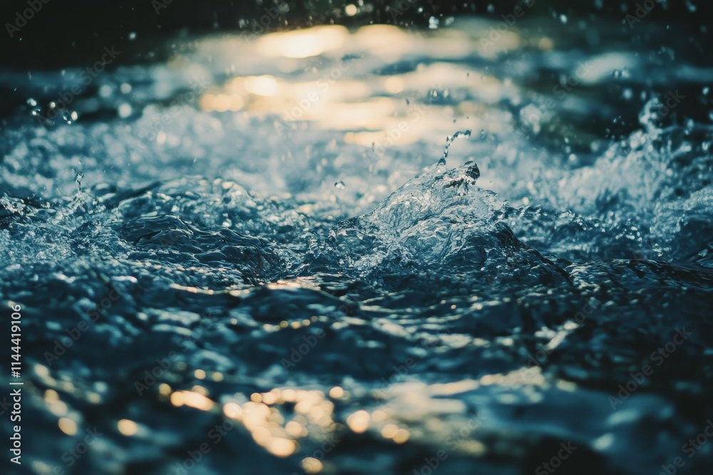 Poster close-up of turbulent water with sunlight reflecting on surface.