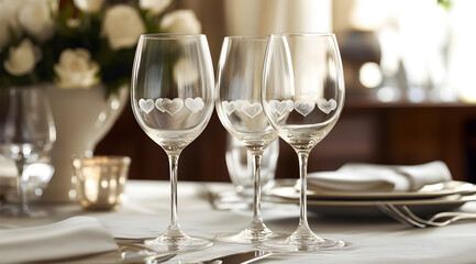 Elegant dining setup featuring decorated wine glasses, beautifully arranged on a table with floral accents, perfect for a special occasion.