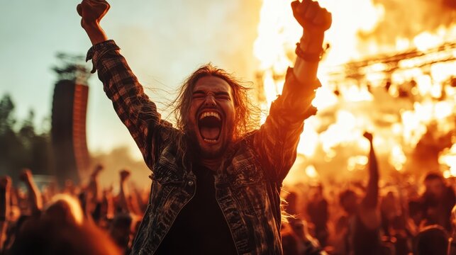 A passionate individual is captured in sheer excitement at an electrifying rock festival concert, their exuberance enhanced by dramatic pyrotechnics lighting up the scene.