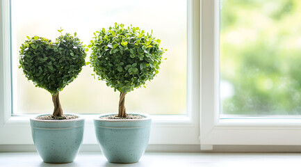 Fototapeta premium Two heart-shaped potted plants sit on a windowsill, bringing a touch of greenery and love to the indoor space.