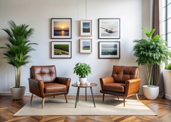 Scandinavian Living Room Drone Mockup: A4 Poster Frames, Brown Leather Armchair, Plants