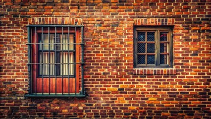Fototapeta premium Minimalist Old House Photography: Red Brick Wall, Wooden Windows, Metal Bars, Copy Space