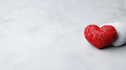 Fototapeta premium Red textured heart next to a white heart on a light grey marble background with copy space.