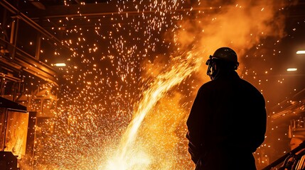 Steelworker supervising molten metal flow in foundry